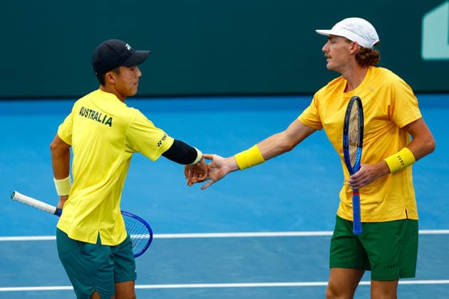 TENNIS DAVIS CUP AUSTRALIA POLAND, Max Purcell and Rinky Hijikata of Australia celebrate during a Doubles match against Jan Zielinski and Karol Drzewiecki of Poland during the Davis Cup match between Australia and Poland at Pat Rafter Arena in Brisbane, Sunday, September 20, 2026. ( NO ARCHIVING, EDITORIAL USE ONLY  Copyright: xRUSSELLxFREEMANx 20260920161241293501