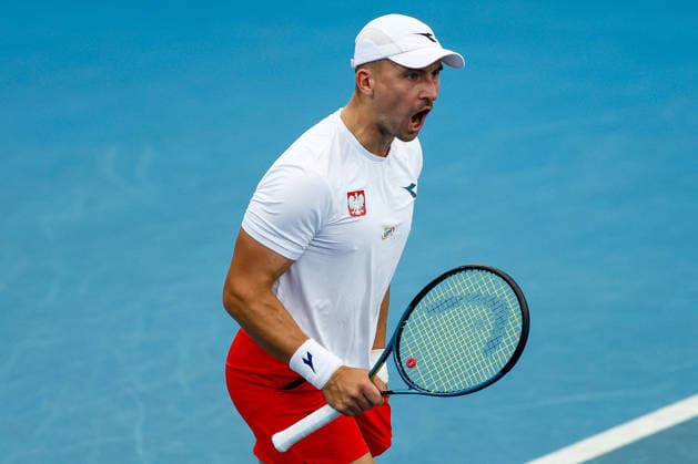 TENNIS DAVIS CUP AUSTRALIA POLAND, Jan Zielinski of Poland celebrates during a Doubles match against Max Purcell and Rinky Hijikata of Australia during the Davis Cup match between Australia and Poland at Pat Rafter Arena in Brisbane, Sunday, September 20, 2026. ( NO ARCHIVING, EDITORIAL USE ONLY  Copyright: xRUSSELLxFREEMANx 20260920144828490640