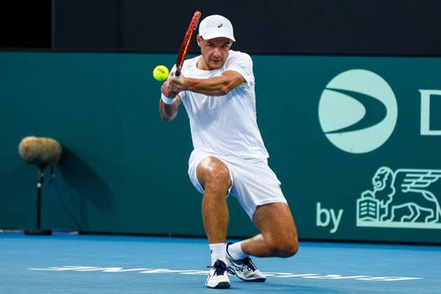 TENNIS DAVIS CUP AUSTRALIA POLAND, Kamil Majchrzak of Poland plays a backhand during the Davis Cup match between Australia and Poland at Pat Rafter Arena in Brisbane, Sunday, September 20, 2026. ( NO ARCHIVING, EDITORIAL USE ONLY  Copyright: xRUSSELLxFREEMANx 20260920196301329690