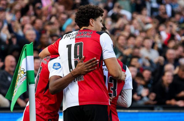 2026-09-20 Feyenoord v FC Utrecht - Dutch Eredivisie ROTTERDAM, NETHERLANDS - SEPTEMBER 20: Anis Hadj Moussa of Feyenoord, Givairo Read of Feyenoord, Nacho Ferri of Feyenoord celebrates after scoring the first goal of the team during the Dutch Eredivisie match between Feyenoord and FC Utrecht at Stadion Feijenoord on September 20, 2026 in Rotterdam, Netherlands. Rotterdam Stadion Feijenoord Netherlands Content not available for redistribution in The Netherlands directly or indirectly through any third parties. Copyright: xHansxvanxderxValkx