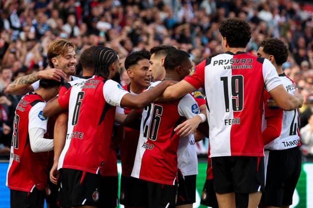 2026-09-20 Feyenoord v FC Utrecht - Dutch Eredivisie ROTTERDAM, NETHERLANDS - SEPTEMBER 20: Anis Hadj Moussa of Feyenoord, Luciano Valente of Feyenoord, Jeremiah St. Juste of Feyenoord, Tsuyoshi Watanabe of Feyenoord, Mika Marmol of Feyenoord, Givairo Read of Feyenoord, Nacho Ferri of Feyenoord, Oussama Targhalline of Feyenoord celebrates after scoring the first goal of the team during the Dutch Eredivisie match between Feyenoord and FC Utrecht at Stadion Feijenoord on September 20, 2026 in Rotterdam, Netherlands. Rotterdam Stadion Feijenoord Netherlands Content not available for redistribution in The Netherlands directly or indirectly through any third parties. Copyright: xHansxvanxderxValkx