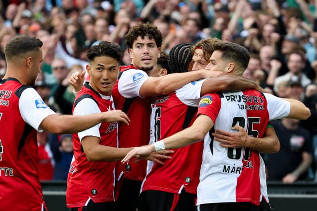 2026-09-20 Feyenoord v FC Utrecht - Dutch Eredivisie ROTTERDAM, NETHERLANDS - SEPTEMBER 20: Charles Vanhoutte of Feyenoord, Tsuyoshi Watanabe of Feyenoord, Nacho Ferri of Feyenoord, Jeremiah St. Juste of Feyenoord, Luciano Valente of Feyenoord, Mika Marmol of Feyenoord celebrates after scoring the fourth goal of the team during the Dutch Eredivisie match between Feyenoord and FC Utrecht at Stadion Feijenoord on September 20, 2026 in Rotterdam, Netherlands. Rotterdam Stadion Feijenoord Netherlands Content not available for redistribution in The Netherlands directly or indirectly through any third parties. Copyright: xHansxvanxderxValkx