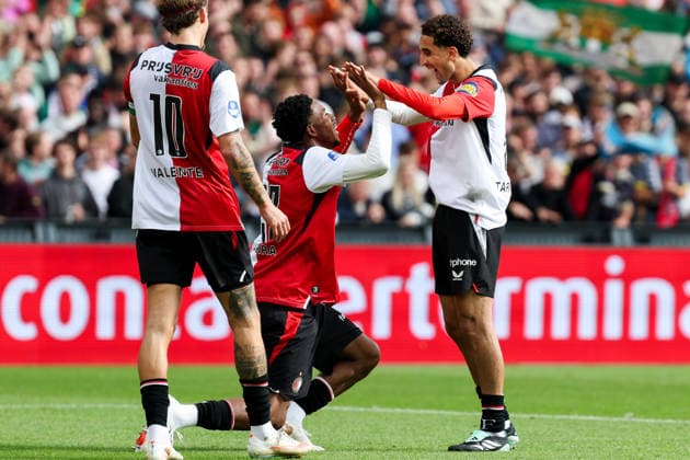 2026-09-20 Feyenoord v FC Utrecht - Dutch Eredivisie ROTTERDAM, NETHERLANDS - SEPTEMBER 20: Gaoussou Diarra of Feyenoord, Oussama Targhalline of Feyenoord celebrates after scoring the fifth goal of the team during the Dutch Eredivisie match between Feyenoord and FC Utrecht at Stadion Feijenoord on September 20, 2026 in Rotterdam, Netherlands. Rotterdam Stadion Feijenoord Netherlands Content not available for redistribution in The Netherlands directly or indirectly through any third parties. Copyright: xHansxvanxderxValkx