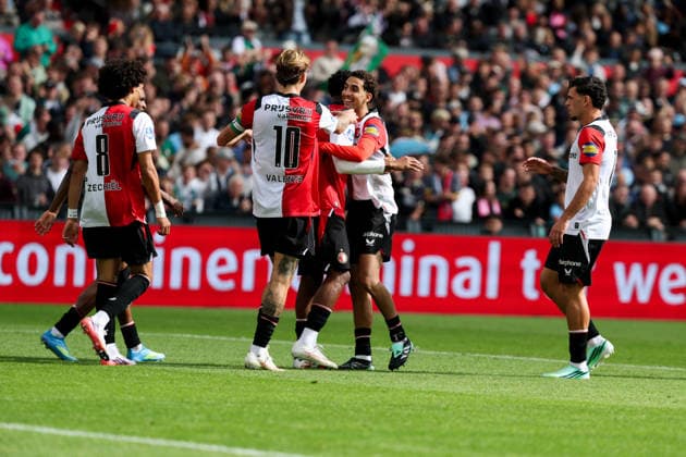 2026-09-20 Feyenoord v FC Utrecht - Dutch Eredivisie ROTTERDAM, NETHERLANDS - SEPTEMBER 20: Luciano Valente of Feyenoord, Oussama Targhalline of Feyenoord, Gaoussou Diarra of Feyenoord celebrates after scoring the fifth goal of the team during the Dutch Eredivisie match between Feyenoord and FC Utrecht at Stadion Feijenoord on September 20, 2026 in Rotterdam, Netherlands. Rotterdam Stadion Feijenoord Netherlands Content not available for redistribution in The Netherlands directly or indirectly through any third parties. Copyright: xHansxvanxderxValkx