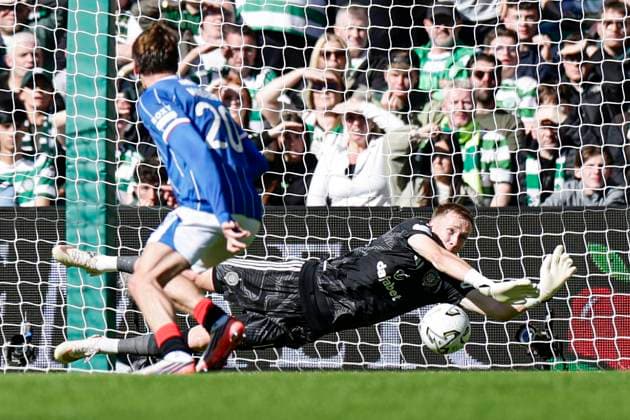 Celtic v Rangers William Hill Premiership Viljami Sinisalo of Celtic parry™s his save to Ryan Naderi of Rangers for his first goal during the William Hill Premiership match at Celtic Park, Glasgow 20 09 2026 UK Newspapers OUT Copyright: xJamiexJohnstonx FIL-23976-0083
