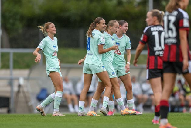 GER, Frankfurt, Eintracht Frankfurt II vs. Hertha BSC Berlin, Women s Bundesliga 2, Soccer, DFB, 2026–2027 Season, Stadion am Brentanobad, Matchday 7 in pictures: Elfie Wellhausen, Hertha BSC Women s Team No. 11, Goal, Celebration and Joy, Emotions. DFB and DFL regulations prohibit any use of photographs as image sequences and or quasi-video. September 20, 2026 Copyright: HMBxMedia HendrikxHamelau