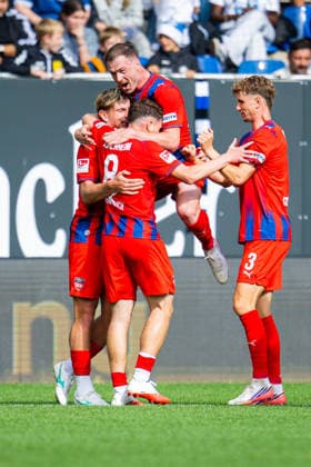 September 20, 2026 Soccer, 2026–2027, 2. Bundesliga, Matchday 6, DSC Arminia Bielefeld 1 FC Heidenheim. M Paul Hennrich of Heidenheim celebrates his goal to make it 1–2, surrounded by L–R Alessandro Vogt of Heidenheim and Budu Zivzivadze of Heidenheim, Jan Schöppner (Heidenheim). DFL regulations prohibit any use of photographs as image sequences and or quasi-video.
