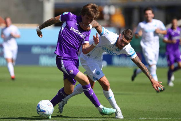 Franco Mastantuono of Fiorentina AFC and Rafa Marin of SSC Napoli compete for the ball during the serie A match between ACF Fiorentina and SSC Napoli at Artemio Franchi Stadium in Firenze (Italy), September 20, 2026. massimilianoxcarnabuci