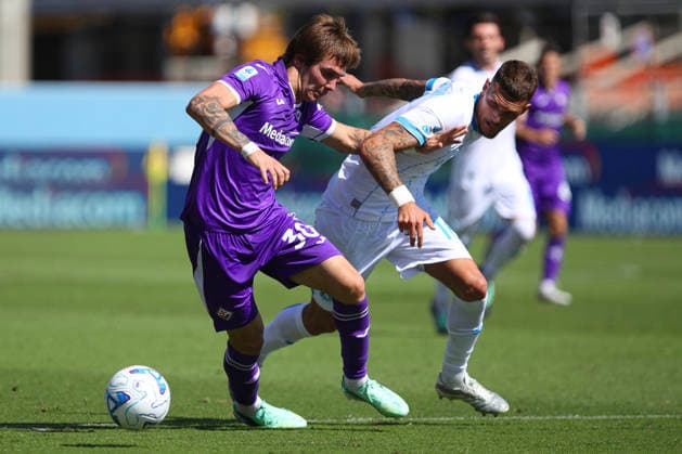 Franco Mastantuono of Fiorentina AFC and Rafa Marin of SSC Napoli compete for the ball during the serie A match between ACF Fiorentina and SSC Napoli at Artemio Franchi Stadium in Firenze (Italy), September 20, 2026. massimilianoxcarnabuci