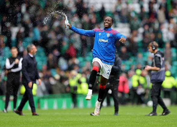 Djeidi Gassama of Rangers celebrates with water after the William Hill Scottish Premiership match at Parkhead, Glasgow. Celtic v Rangers - William Hill Scottish Premiership - Parkhead, Glasgow, Lanarkshire, Scotland, UK - 20 Sep 2026Glasgow Parkhead Lanarkshire United Kingdom  Copyright: xO Rourke RangersxFC Shutterstockx 17159973bj