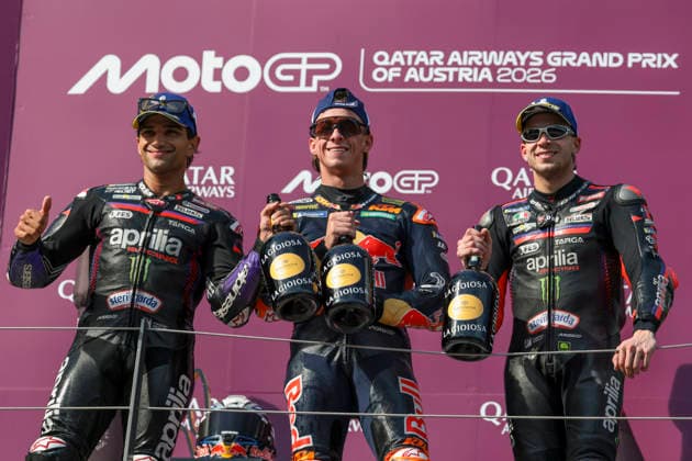 MOTORSPORTS - MotoGP, GP of Austria 2026 SPIELBERG,AUSTRIA,20.SEP.26 - MOTORSPORTS - MotoGP, Grand Prix of Austria, Red Bull Ring, award ceremony. Image shows Jorge Martin (ESP Aprilia Racing), Pedro Acosta (ESP Red Bull KTM Factory Racing) and Marco Bezzecchi (ITA Aprilia Racing).  GEPAxpictures xMatthiasxTrinkl
