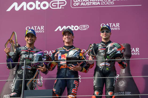 MOTORSPORTS - MotoGP, GP of Austria 2026 SPIELBERG,AUSTRIA,20.SEP.26 - MOTORSPORTS - MotoGP, Grand Prix of Austria, Red Bull Ring, award ceremony. Image shows the rejoicing of Jorge Martin (ESP Aprilia Racing), Pedro Acosta (ESP Red Bull KTM Factory Racing) and Marco Bezzecchi (ITA Aprilia Racing). Keywords: trophy.  GEPAxpictures xMatthiasxTrinkl