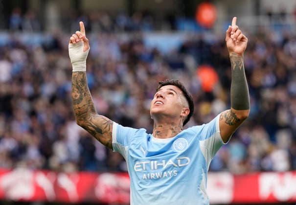 Manchester, England, 20th September 2026. Enzo Fernandez of Manchester City celebrates scoring the first goal during the Manchester City vs Sunderland Premier League match at the Etihad Stadium, Manchester. Picture credit should read: Andrew Yates Sportimage EDITORIAL USE ONLY. No use with unauthorised audio, video, data, fixture lists, club league logos or live services. Online in-match use limited to 120 images, no video emulation. No use in betting, games or single club league player publications. SPI_029_AY_ManCity_Sunderland SPI-5012-0029