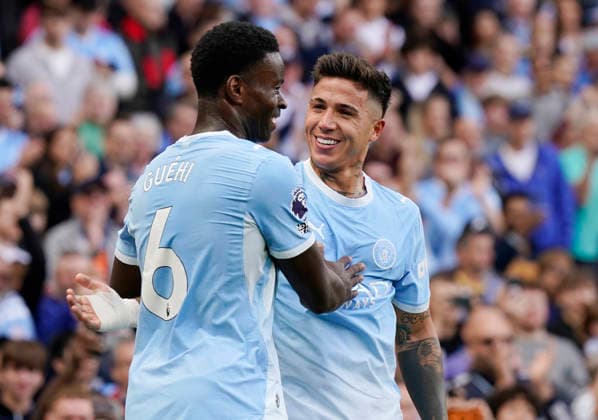 Manchester, England, 20th September 2026. Enzo Fernandez of Manchester City celebrates scoring the first goal during the Manchester City vs Sunderland Premier League match at the Etihad Stadium, Manchester. Picture credit should read: Andrew Yates Sportimage EDITORIAL USE ONLY. No use with unauthorised audio, video, data, fixture lists, club league logos or live services. Online in-match use limited to 120 images, no video emulation. No use in betting, games or single club league player publications. SPI_033_AY_ManCity_Sunderland SPI-5012-0033