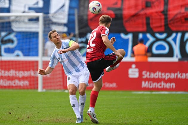 Dennis DRESSEL, 1860 Munich, in action, challenging Noel KAISER in a tackle during a Bavarian Regional League soccer match, 2026–2027 season,26–27 TSV 1860 Munich vs. 1. FC Nuremberg II on September 20, 2026, at Grünwalder Stadium in Munich