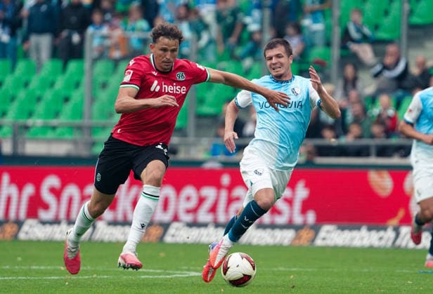 Germany Soccer 2. Bundesliga 2026–2027, Matchday 6: Hannover 96 vs. VfL Bochum at Heinz von Heiden Arena Stadium in Hannover; Benedikt Pichler of Hannover 96 in a tackle, 11 Copyright: xAymanxAlahmedx