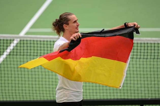 Alexander Zverev (GER) with the German flag, September 20, 2026 ¢ Tennis ¢ Davis Cup Qualifiers, 2nd Round ¢ Germany vs. Croatia, Heristo Arena, Halle Westfalen, North Rhine-Westphalia, Germany Copyright: xpepphotox xHorstxMauelshagenx pep00321, pep_20260920_hm