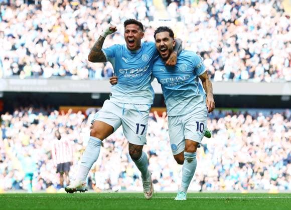 Rayan Cherki of Manchester City celebrates scoring a goal to make it 2-1 with Enzo Fernandez Manchester City v Sunderland, Premier League, Football, Etihad Stadium, Manchester, UK - 20 Sep 2026Manchester Etihad Stadium United Kingdom EDITORIAL USE ONLY No use with unauthorised audio, video, data, fixture lists, club league logos or live services. Online in-match use limited to 120 images, no video emulation. No use in betting, games or single club league player publications. Copyright: xMattxWest Shutterstockx 17160119v