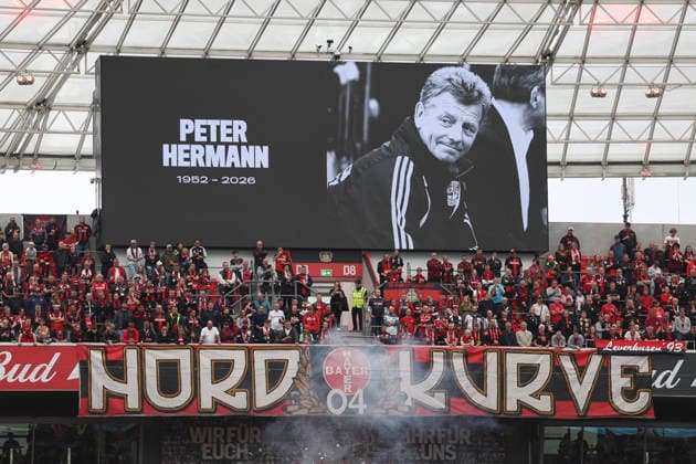 Scoreboard displaying a graphic commemorating the death of Peter Herrmann during the Bundesliga match between Bayer 04 Leverkusen and RB Leipzig, BayArena on September 20, 2026, in Leverkusen, Germany. Photo by Oliver Kaelke, DeFodi Images. Scoreboard displaying a graphic regarding the death of Peter Herrmann during the Bundesliga match between Bayer 04 Leverkusen and RB Leipzig at BayArena on September 20, 2026 in Leverkusen, Germany. Photo by Oliver Kaelke, DeFodi Images. DFB and DFL regulations prohibit any use of photographs as image sequences and or quasi-video. Photo by Oliver Kaelke, DeFodi Images.
