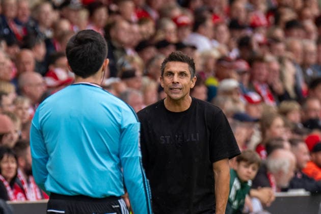 September 20, 2026: Energie Cottbus vs. FC St. Pauli, Matchday 6 of the 2. Bundesliga at the LEAG Energie Stadium; Marcel Rapp, Coach, FC St. Pauli vs. Linesman IMPORTANT NOTICE: In accordance with DFL and DFB regulations, it is prohibited to use or allow the use of photographs taken in the stadium and or during the game in the form of sequential images and or video-like photo series. Copyright: xJamesxZabelx