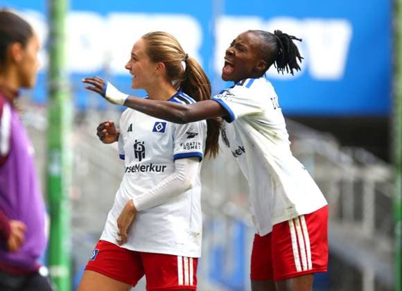 September 20, 2026, xcex, GER, Hamburg, Volksparkstadion, Women s Soccer, 1. Bundesliga, DIE LIGA, Google Pixel Women s Bundesliga 2026–2027 Season, Matchday 5, HSV, FCN, Hamburger SV vs. 1. FC Nürnberg, Camilla Linberg (HSV) goal celebration, celebration, joy, emotions, goal celebration, Magou Doucoure (HSV). DFL regulations prohibit any use of photographs as image sequences and or quasi-video.