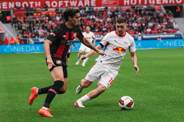 September 20, 2026, xjmrgnx, Soccer, Bundesliga 1, Bayer 04 Leverkusen vs. RB Leipzig: A tackle between Miguel Gutierrez (3), Leverkusen, and Brajan Gruda (10), Leipzig. DFL and DFB regulations prohibit any use of photographs as image sequences and or quasi-video. Leverkusen