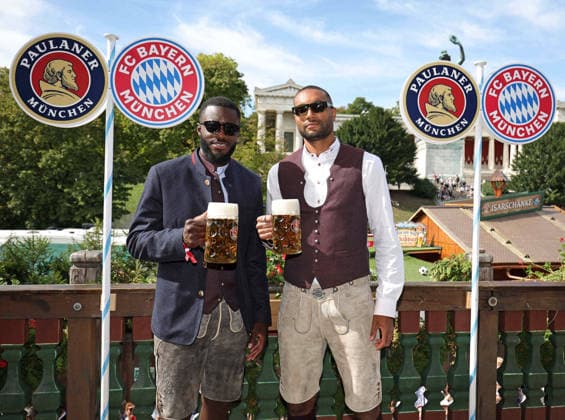 Dayot UPAMECANO M and Jonathan TAH M, soccer players for FC Bayern Munich, on their traditional Oktoberfest visit to the Kaefer Schaenke on September 20, 2026, in Munich, Germany Â