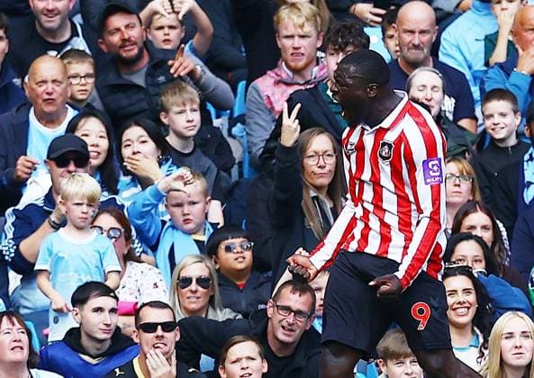 Brian Brobbey of Sunderland celebrates scoring a goal to make it 1-1 Manchester City v Sunderland, Premier League, Football, Etihad Stadium, Manchester, UK - 20 Sep 2026Manchester Etihad Stadium United Kingdom EDITORIAL USE ONLY No use with unauthorised audio, video, data, fixture lists, club league logos or live services. Online in-match use limited to 120 images, no video emulation. No use in betting, games or single club league player publications. Copyright: xMattxWest Shutterstockx 17160119ah