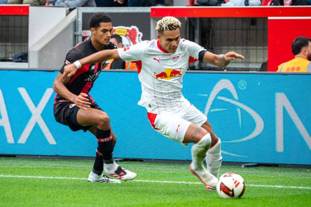 Germany 1 Bundesliga 2026–2027, Matchday 4, Bayer 04 Leverkusen vs. RB Leipzig, Saturday, September 20, 2026, BayArena Stadium, Leverkusen, North Rhine-Westphalia, Antonio Nusa (RB Leipzig), 7: Tackle, game action, duel, tackle, tackling, dynamic, action, action against Jarell Quansah, Bayer 04 Leverkusen, 4 Leverkusen, BayArena Stadium, Leverkusen, Germany Copyright: xOrhanxHabashx
