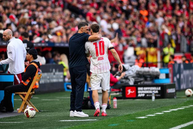 LEVERKUSEN, GERMANY - 20 SEPTEMBER, 2026: Brajan Gruda, Martin Demichelis, head coach - The Bundesliga match Bayer 04 Leverkusen vs. RB Leipzig at BayArena.  Copyright: xVitaliixKliuievx