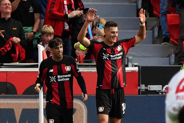 Leverkusen Soccer, Bundesliga Season 2026–2027: Bayer 04 Leverkusen vs. RB Leipzig, September 20, 2026, BayArena, Leverkusen; Patrik Schick, Bayer 04 Leverkusen, Czech Republic, CZE; action, still image, celebrating a goal