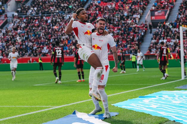 September 20, 2026, xjmrgnx, Soccer, Bundesliga 1, Bayer 04 Leverkusen vs. RB Leipzig: Christopher Nkunku 28, Leipzig celebrates its disallowed 1–0 goal with Romulo 40, Leipzig, but it is disallowed by VAR. DFL and DFB regulations prohibit any use of photographs as image sequences and or quasi-video. Leverkusen