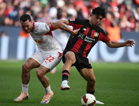 September 20, 2026, xophax, Soccer, Bundesliga 1, Bayer 04 Leverkusen vs. RB Leipzig: Ibrahim Maza (Bayer 04) on the right and David Raum (RB Leipzig) on the left. DFL and DFB regulations prohibit any use of photographs as image sequences and or quasi-video. Leverkusen