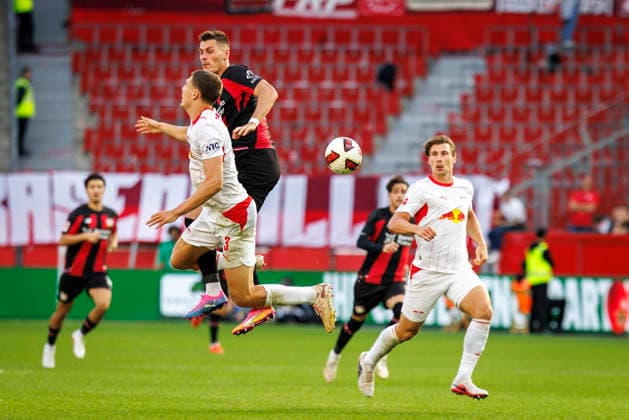 LEVERKUSEN, GERMANY - SEPTEMBER 20, 2026: Maxime Esteve (RB Leipzig, 3), Patrik Schick (Bayer 04 Leverkusen, 14) during the German Bundesliga match on gameday 4 between Bayer 04 Leverkusen vs. RB Leipzig at BayArena on September 20, 2026 in Leverkusen, Germany. DFL REGULATIONS PROHIBIT ANY USE OF PHOTOGRAPHS AS IMAGE SEQUENCES AND OR QUASI-VIDEO. Northrhine-Westphalia Germany Copyright: xAxelxKohringx