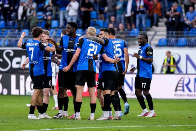 Players from SV Waldhof Mannheim celebrate the 1–0 goal, Celebration, goal celebration, goal scored, celebrate the goal, goal, celebration, celebrating the goal, rejoicing, joy, happy, optimistic, positive, game scene, highlight, action, September 20, 2026, Mannheim, Germany, soccer, 3rd Division, SV Waldhof Mannheim vs. SC Preußen Münster, DFB and DFL regulations prohibit any use of photographs as image sequences and or quasi-video xozx