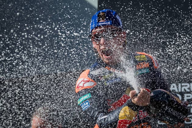 MOTORSPORTS - MotoGP, GP of Austria 2026 SPIELBERG,AUSTRIA,20.SEP.26 - MOTORSPORTS - MotoGP, Grand Prix of Austria, Red Bull Ring. Image shows Pedro Acosta (ESP Red Bull KTM Factory Racing). Keywords: champagne shower, podium.  GEPAxpictures xMatthiasxTrinkl