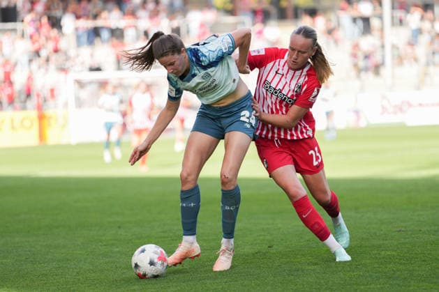 Google Pixel Women s Bundesliga: SC Freiburg vs. Bayer 04 Leverkusen, September 20, 2026. A duel between Lilla Turanyi (Bayer 04 Leverkusen, 24) and Luca Emily Birkholz (SC Freiburg), 23 Google Pixel Women’s Bundesliga SC Freiburg vs. Bayer 04 Leverkusen, Dreisamstadion, September 20, 2026 DFB and DFL regulations prohibit any use of photographs as image sequences and or quasi-video. Copyright: xBEAUTIFULxSPORTS Boscox