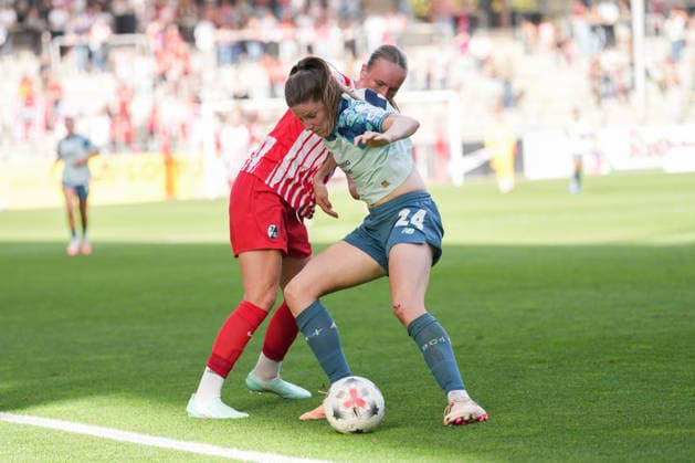 Google Pixel Women s Bundesliga: SC Freiburg vs. Bayer 04 Leverkusen, September 20, 2026. A tackle between Lilla Turanyi (Bayer 04 Leverkusen, 24) and Luca Emily Birkholz (SC Freiburg), 23 Google Pixel Women’s Bundesliga: SC Freiburg vs. Bayer 04 Leverkusen, Dreisamstadion, September 20, 2026. DFB and DFL regulations prohibit any use of photographs as image sequences and or quasi-video. Copyright: xBEAUTIFULxSPORTS Boscox