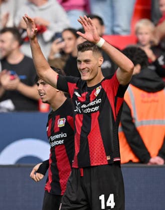 Patrik Schick celebrates for Bayer Leverkusen after scoring the 1–0 goal; photo by Afonso Moreira, Bayer Leverkusen Soccer, 1. Bundesliga, Matchday 4, Bayer 04 Leverkusen vs. RB Leipzig, on September 20, 2026, in Leverkusen, Germany. DFL regulations prohibit any use of photographs as image sequences and or quasi-video.