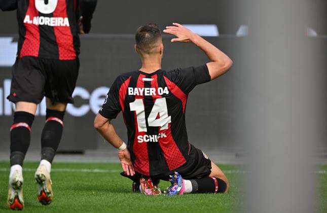 Patrik Schick celebrates for Bayer Leverkusen after scoring the 1-0 goal in the Bundesliga, Matchday 4, Bayer 04 Leverkusen vs. RB Leipzig, on September 20, 2026, in Leverkusen, Germany. DFL regulations prohibit any use of photographs as image sequences and or quasi-video.