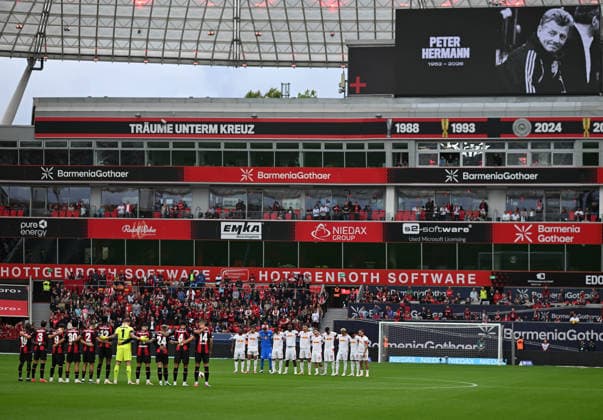 September 20, 2026, xophax, Soccer, Bundesliga 1, Bayer 04 Leverkusen vs. RB Leipzig—both teams observed a minute of silence in memory of the late Peter Hermann. DFL and DFB regulations prohibit any use of photographs as image sequences and or quasi-video. Leverkusen