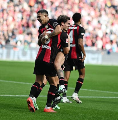 September 20, 2026, xophax, Soccer, Bundesliga 1, Bayer 04 Leverkusen vs. RB Leipzig: Miguel Ortega Gutierrez (right, with Facundo Medina—both of Bayer 04) after scoring the goal to make it 2–0. DFL and DFB regulations prohibit any use of photographs as image sequences and or quasi-video. Leverkusen