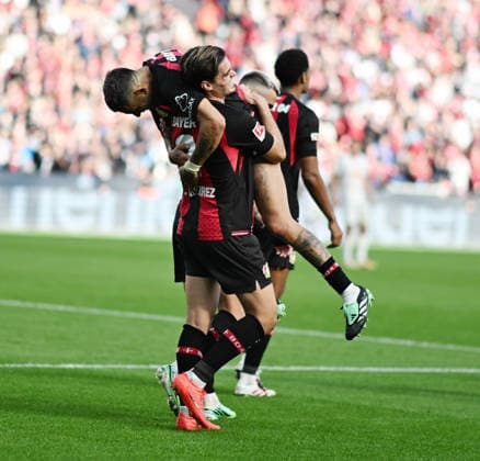September 20, 2026, xophax, Soccer, Bundesliga 1, Bayer 04 Leverkusen vs. RB Leipzig: Miguel Ortega Gutierrez (right, with Facundo Medina—both of Bayer 04) after scoring the goal that made it 2–0. DFL and DFB regulations prohibit any use of photographs as image sequences and or quasi-video. Leverkusen