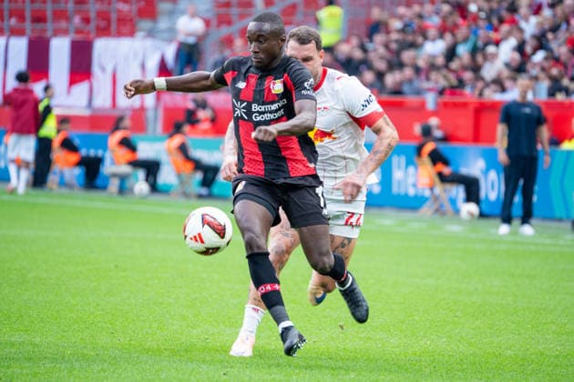 Germany 1 Bundesliga 2026–2027, Matchday 4, Bayer 04 Leverkusen vs. RB Leipzig, Saturday, September 20, 2026, BayArena Stadium, Leverkusen, North Rhine-Westphalia, Moussa Diaby, Bayer 04 Leverkusen, 19: Tackle, game scene, duel, tackle, tackling, dynamic, action, play against David Raum, RB Leipzig, 22: Leverkusen, BayArena Stadium, Leverkusen, Germany Copyright: xOrhanxHabashx
