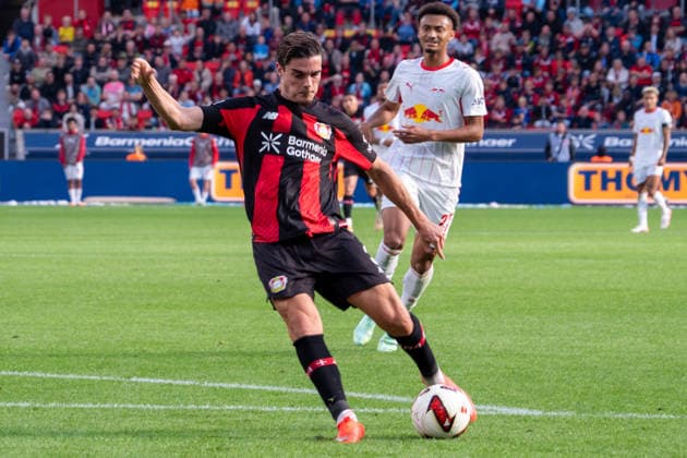 Germany 1 Bundesliga 2026–2027, Matchday 4, Bayer 04 Leverkusen vs. RB Leipzig, Saturday, September 20, 2026, BayArena Stadium, Leverkusen, North Rhine-Westphalia. Miguel Gutierrez of Bayer 04 Leverkusen takes a shot and scores, making it 2–0 for Leverkusen at the BayArena Stadium in Leverkusen, Germany. Copyright: xOrhanxHabashx