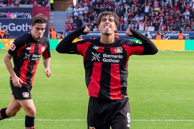 Germany, Bundesliga 1, 2026–2027, Matchday 4, Bayer 04 Leverkusen vs. RB Leipzig, Saturday, September 20, 2026, BayArena Stadium, Leverkusen, North Rhine-Westphalia. Goal and goal celebration for the 2–0 lead by Miguel Gutierrez of Bayer 04 Leverkusen, 3 Joy, Emotions, celebration by Afonso Moreira of Bayer 04 Leverkusen, 9 Leverkusen, BayArena Stadium, Leverkusen, Germany Copyright: xOrhanxHabashx