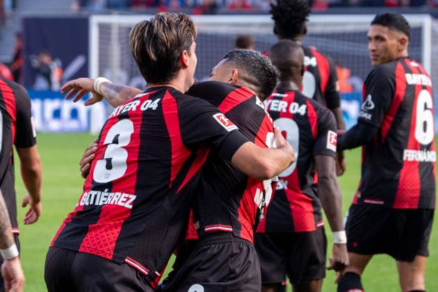 Germany 1 Bundesliga 2026–2027, Matchday 4, Bayer 04 Leverkusen vs. RB Leipzig, Saturday, September 20, 2026, BayArena Stadium, Leverkusen, North Rhine-Westphalia; Goal and goal celebration for the 2–0 lead by Miguel Gutierrez of Bayer 04 Leverkusen; 3 Joy, emotions, celebration with Facundo Medina of Bayer 04 Leverkusen, 2 Leverkusen, BayArena Stadium, Leverkusen, Germany Copyright: xOrhanxHabashx
