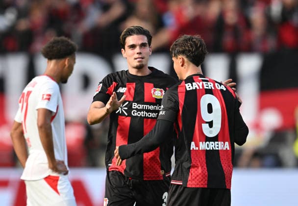 Miguel Gutierrez of Bayer Leverkusen celebrates after scoring the 2-0 goal; Afonso Moreira, Bayer Leverkusen Soccer, 1. Bundesliga, Matchday 4, Bayer 04 Leverkusen vs. RB Leipzig, on September 20, 2026, in Leverkusen, Germany. DFL regulations prohibit any use of photographs as image sequences and or quasi-video.