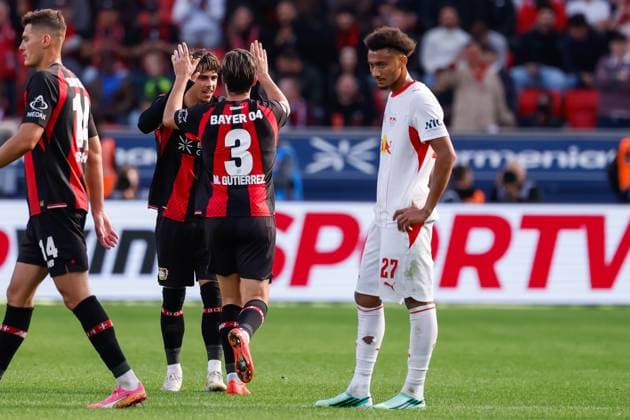 LEVERKUSEN - 3 Miguel Gutierrez of Bayer Leverkusen celebrates his team s second goal during the Bundesliga match between Bayer 04 Leverkusen and RB Leipzig at the BayArena on September 20, 2026, in Leverkusen, Germany. MARCEL TER BALS ANP Bundesliga 2026 27 xVIxANPxSportx xMarcelxterxBalsxIVx 569406771 originalFilename: 569406771.jpg