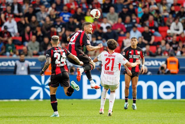 LEVERKUSEN, GERMANY - SEPTEMBER 20, 2026: l8+ heads the ball during the German Bundesliga match on gameday 4 between Bayer 04 Leverkusen vs. RB Leipzig at BayArena on September 20, 2026 in Leverkusen, Germany. DFL REGULATIONS PROHIBIT ANY USE OF PHOTOGRAPHS AS IMAGE SEQUENCES AND OR QUASI-VIDEO. Northrhine-Westphalia Germany Copyright: xAxelxKohringx